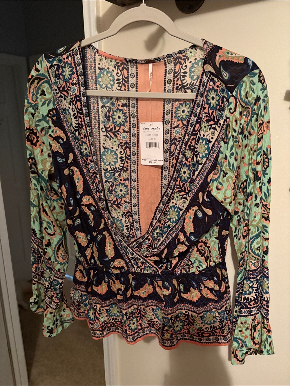 Free People Paisley Wrap Blouse in Mint, Navy & Coral
